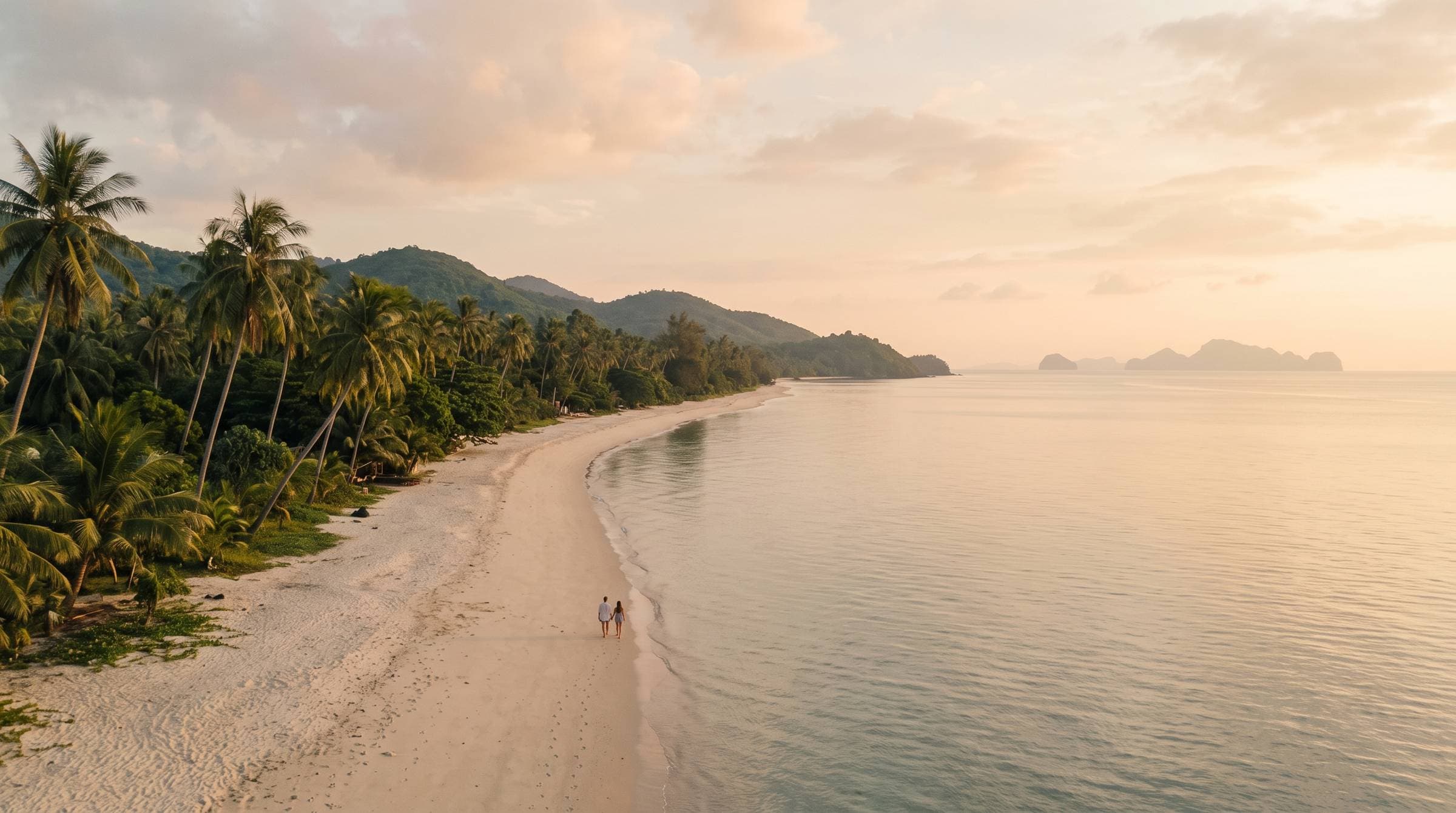 Taling Ngam beach at sunset, with the Ang Thong islands on the horizon