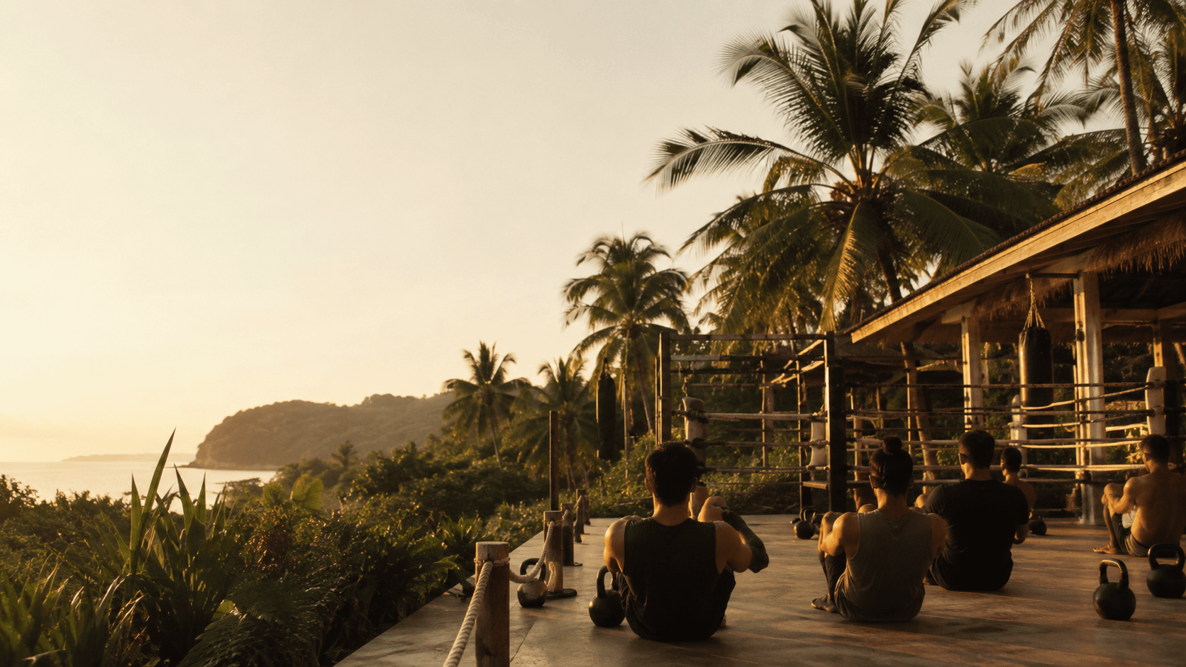 A group stretching on an open-air training deck at sunset, with palms and the sea beyond